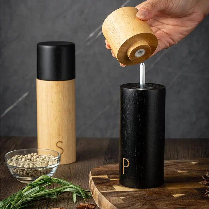 7-Inch Elegant Salt and Pepper Grinder Duo with Sleek Wooden Stand - Elevate Your Dining Ambiance