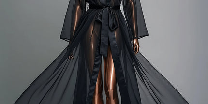 QINGSHUJI Elegant Vintage Sheer Mesh Maxi Dress with Split Hem