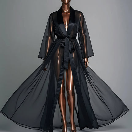 QINGSHUJI Elegant Vintage Sheer Mesh Maxi Dress with Split Hem