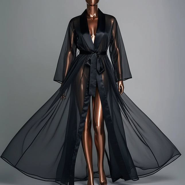 Sheer Organza Maxi Dress — V-Neck Lace-Up with Split Hem