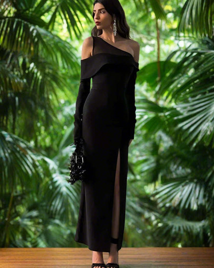 Black Asymmetrical Long Sleeve Maxi Dress with Backless Cut-Out