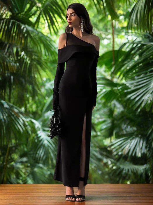 Black Asymmetrical Long Sleeve Maxi Dress with Backless Cut-Out