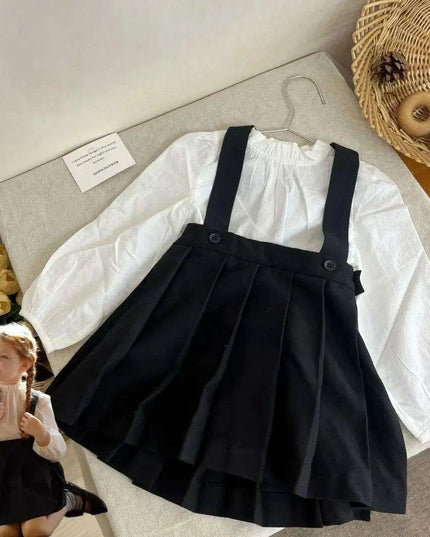Girls' Long Sleeve Top and Playful Suspender Skirt Ensemble for Effortless Style