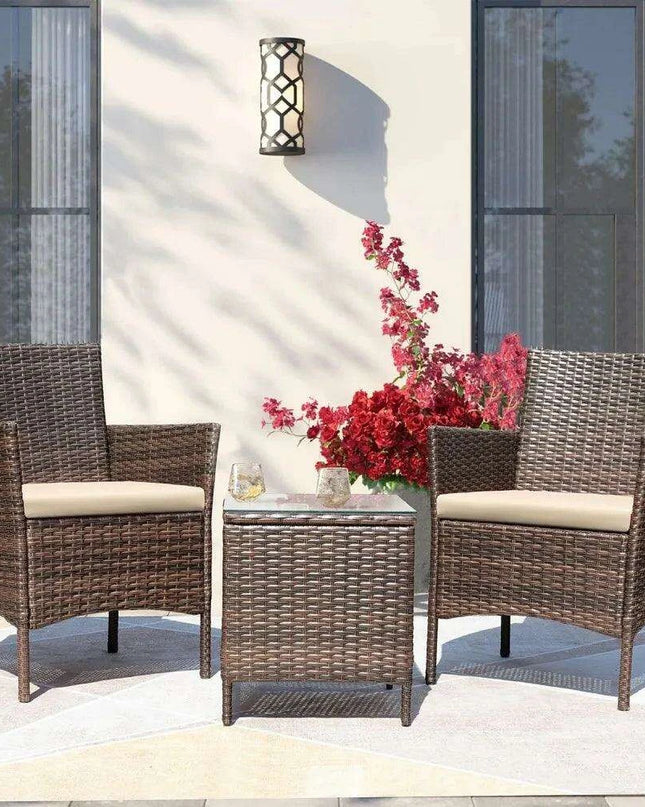 Brown and Beige Lightweight 3-Piece Rattan Outdoor Seating Set with Cushions