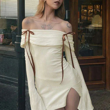Seductive Off-Shoulder Ribbed Bodycon Mini Dress with Elegant Flare Sleeves and Chic Backless Design
