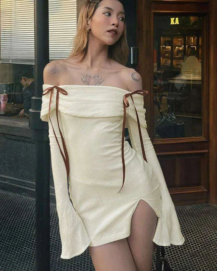 Seductive Off-Shoulder Ribbed Bodycon Mini Dress with Elegant Flare Sleeves and Chic Backless Design