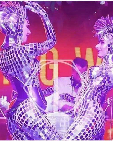 Customizable Silver Serpent Mirror Performance Costume for Nightclubs and Theatrical Shows
