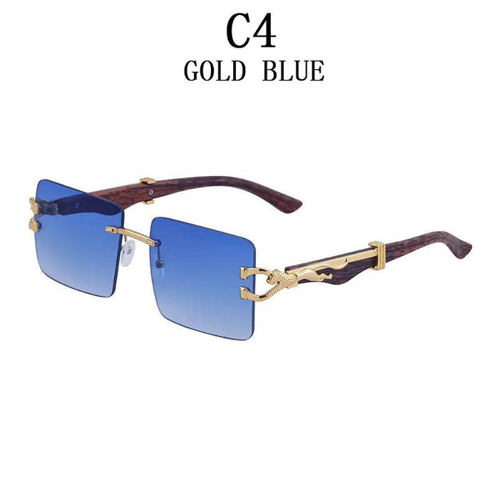 Retro Wood Grain Square Rimless Sunglasses with UV Protection