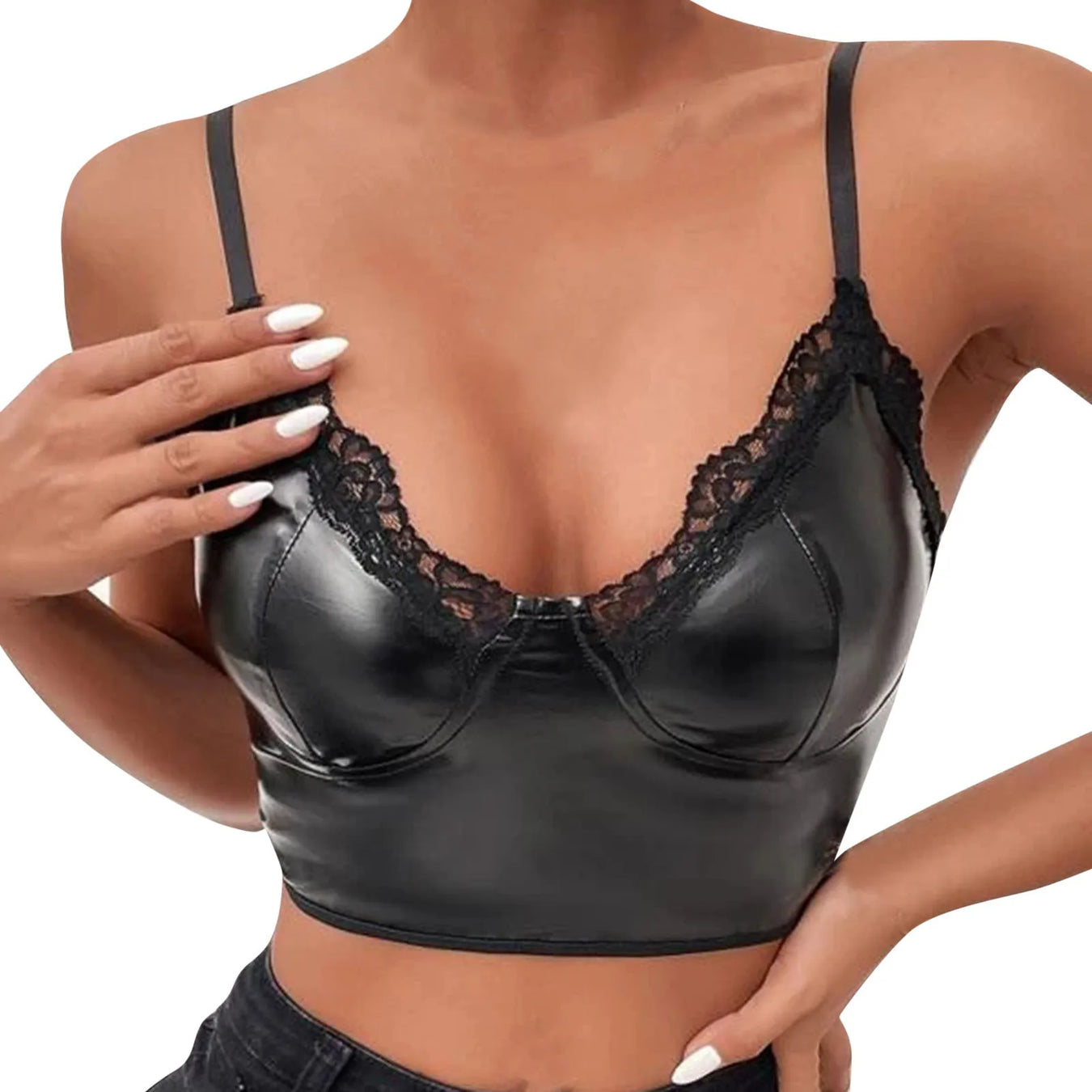 Sultry Lace and Leather Bullet Cup Bra - Elegant Unlined Lingerie