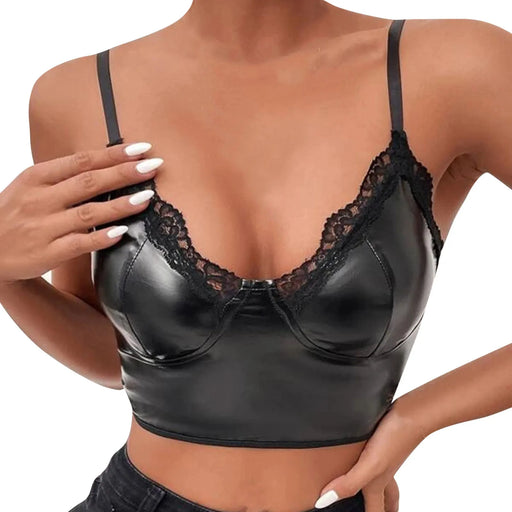 Lace Leather Sexy Patent Leather Strap Chest Bullet Cup Bra - Seductive Lingerie Unlined Elegance