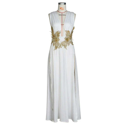 Chic Deep V-Neck Gold Embroidered Maxi Dress for Summer Evenings