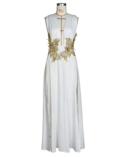 Chic Deep V-Neck Gold Embroidered Maxi Dress for Summer Evenings