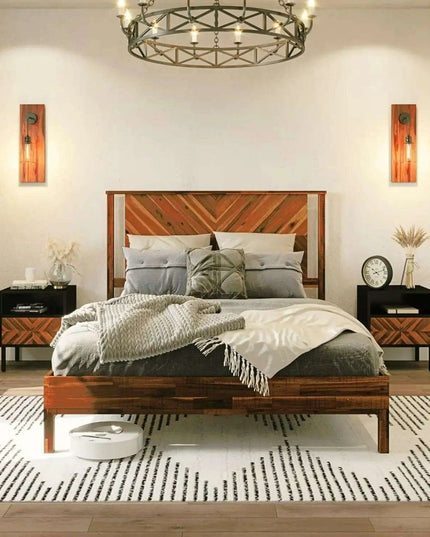 Rustic Golden Brown Acacia Wood Queen Bed Frame with Herringbone Headboard