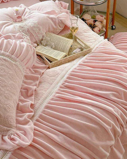 Pink Coral Velvet Bedding Set with Ruffled Duvet Cover and Pillowcases, Queen & King Sizes