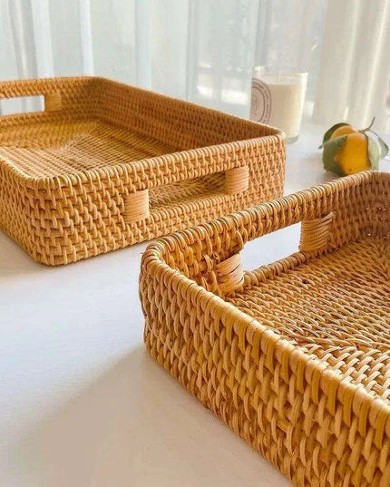 Artisan Woven Rattan Storage Tray for Fruits, Vegetables, and Tea