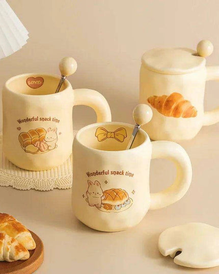 Whimsical Korean Cartoon Ceramic Mug Set with Lid and Spoon - Playful Drinkware Delight