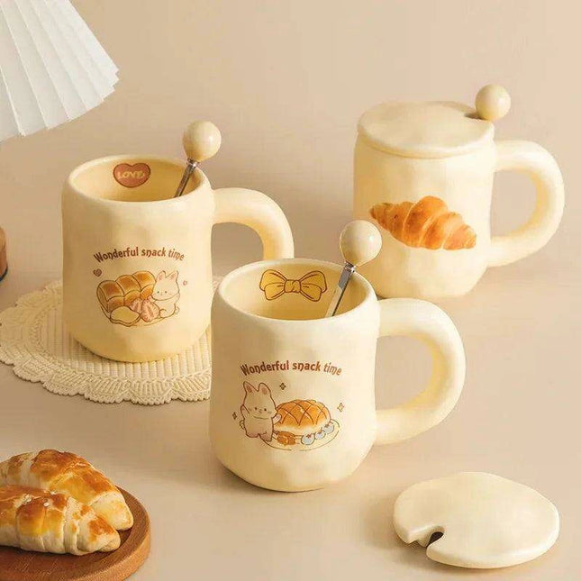 Whimsical Korean Cartoon Ceramic Mug Set with Lid and Spoon - Playful Drinkware Delight