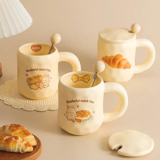 Charming Korean-Style Cartoon Ceramic Mug Set with Spoon and Lid