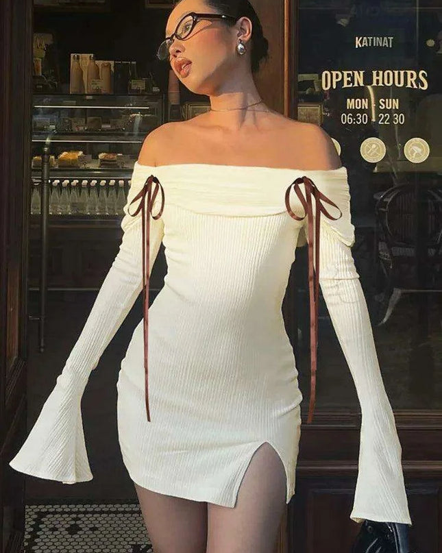 Seductive Off-Shoulder Ribbed Bodycon Mini Dress with Elegant Flare Sleeves and Chic Backless Design