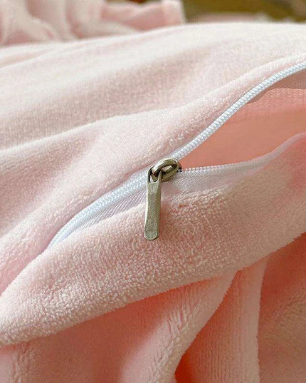 Pink Coral Velvet Bedding Set with Ruffled Duvet Cover and Pillowcases, Queen & King Sizes