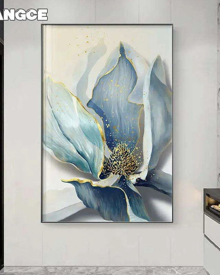 Sophisticated Blue Floral Abstract Canvas Artwork with Gold Leaf Highlights - Modern Scandinavian Home Decor