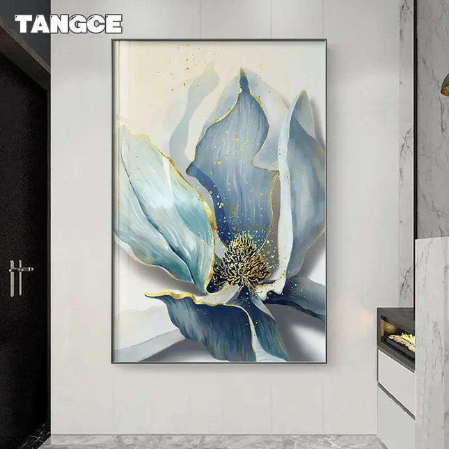 Sophisticated Blue Floral Abstract Canvas Artwork with Gold Leaf Highlights - Modern Scandinavian Home Decor