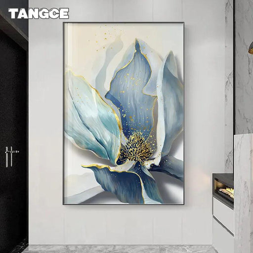 Sophisticated Blue Floral Abstract Canvas Artwork with Gold Leaf Highlights - Modern Scandinavian Home Decor