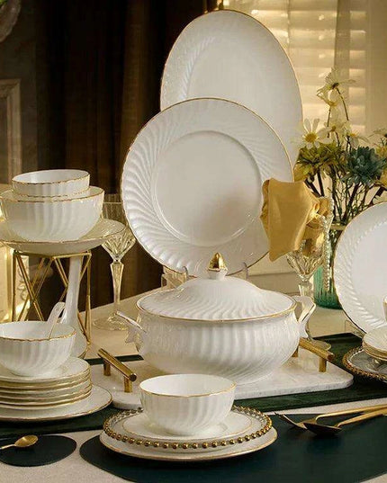 Elegant Hand-Painted Korean Porcelain Dinnerware Set with Gold Accents