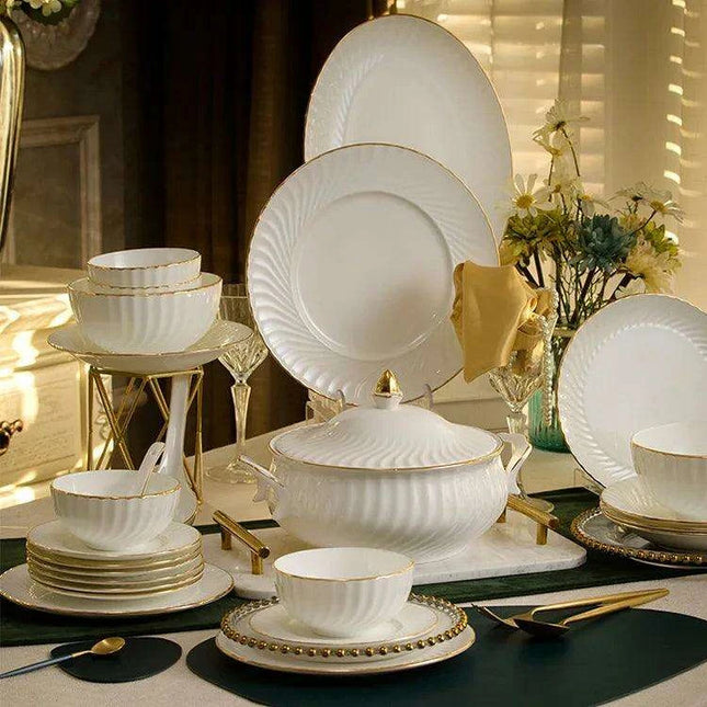 Elegant Hand-Painted Korean Porcelain Dinnerware Set with Gold Accents