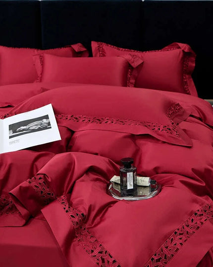 Exquisite 1200TC Egyptian Cotton Luxury Bedding Collection with Elegant Hollow Lace Trim, Duvet Cover, Flat & Fitted Sheets, and Pillowcases