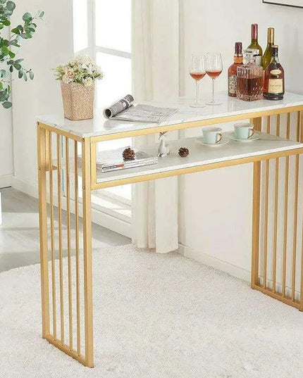 Sleek Gold Bar Table with Open Shelving - Stylish Versatile Furniture for Contemporary Spaces