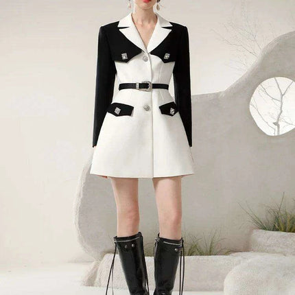 Chic Spring Black and White Business Suit Dress with Niche Waist Design