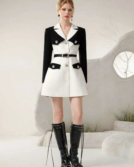 Chic Spring Black and White Business Suit Dress with Niche Waist Design