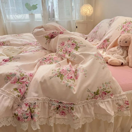Vintage Floral Cotton Bedding Set - 100% Cotton Ruffle Edge Duvet Cover Set