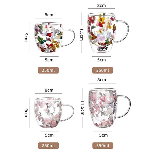 Elegant Double Walled Floral Glass Mug - High Borosilicate Coffee and Tea Cup with Handle