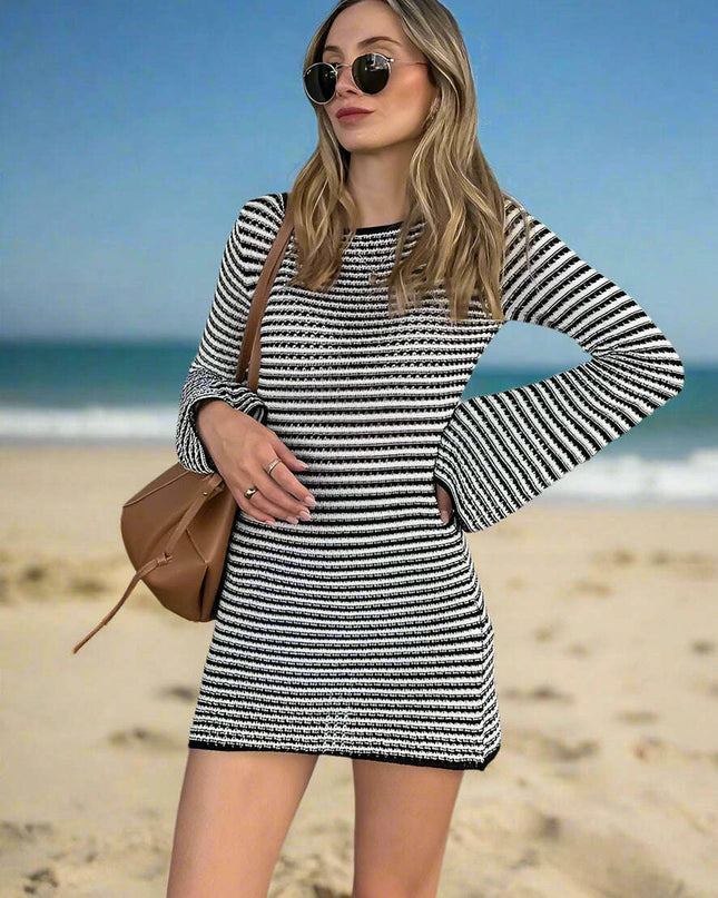 Women's Chic Striped Knit Mini Dress - High Waist Long Sleeve Style for Autumn/Winter