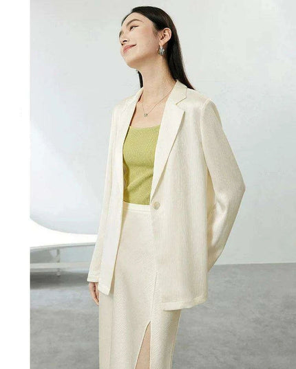 Chic Women's Satin Blazer and A-line Midi Skirt Ensemble for Autumn