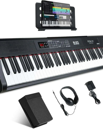 Fesley 88-Key Full-Size Portable Digital Piano with Music Stand, Power Adapter, and Sustain Pedal