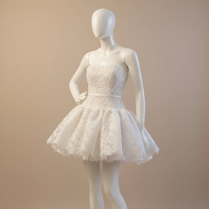 Wishah Strapless 3D Lace Mini Bridal Gown — Bow Sash, Custom Fit, Short Wedding Dress