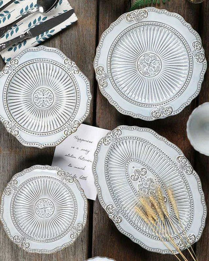 Vintage Baroque Embossed Ceramic Plate Collection - Set of 4 for Elegant Dining