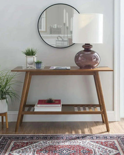 Walnut Mid-Century Modern Entryway Table with Storage and Display Shelf
