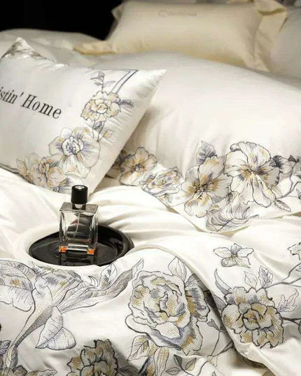 Elegant 1000TC Egyptian Cotton Floral Embroidery Bedding Ensemble with Duvet Cover, Flat Sheet, and Pillow Shams