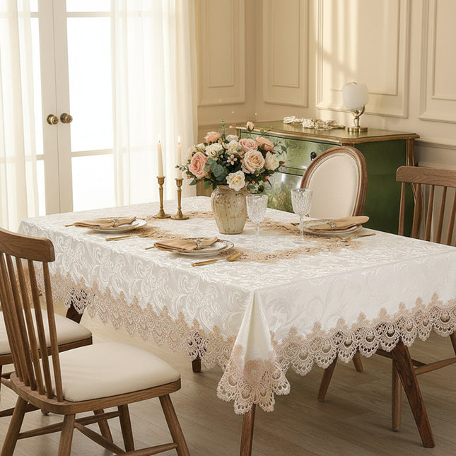 Waterproof Lace Embroidery Tablecloth — Jacquard Polyester, 7 Colours, 9 Sizes