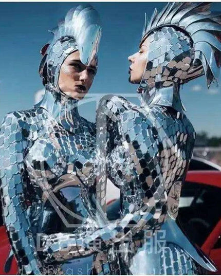 Customizable Silver Serpent Mirror Performance Costume for Nightclubs and Theatrical Shows