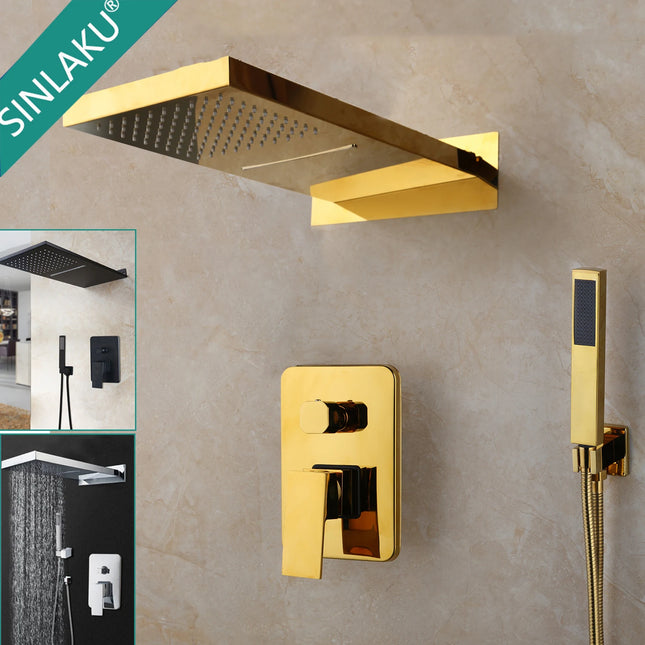 SINLAKU Golden Black Shower System with Hand Spray & Rainfall Head