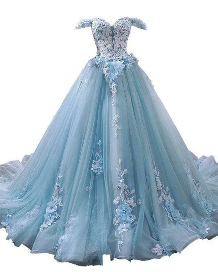 Stunning Off-The-Shoulder Cerulean Quinceanera Ball Gown with Graceful Lace Details and Dramatic Train