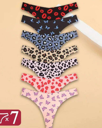 7Pcs Seamless Ice Silk Thong Set for Women - Fresh Low Waisted Print Underwear