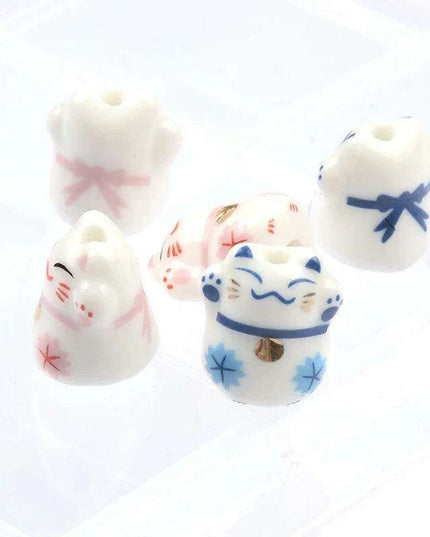 Whimsical Lucky Cat Ceramic Beads Set for Unique Jewelry Creations - 4 Pieces (13x14mm)