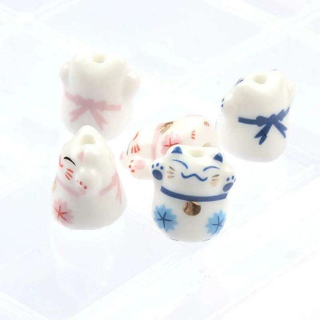 Whimsical Lucky Cat Ceramic Beads Set for Unique Jewelry Creations - 4 Pieces (13x14mm)