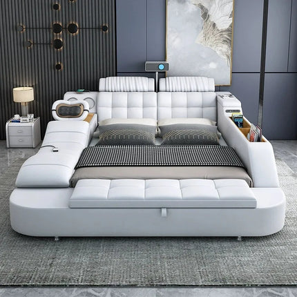 Leather Smart Bed with Built-In Massage, Overhead Projector & Underbed Storage